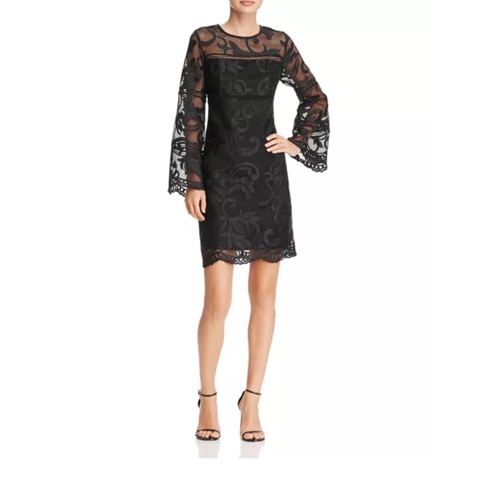 Nanette Lepore Black Lace Bell Sleeve Mini Dress Size 2 Scroll Mesh Cocktail